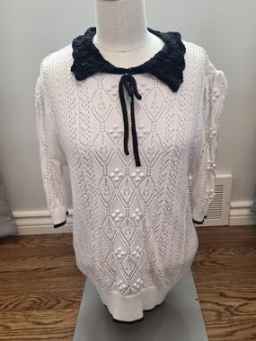 LOFT White Open-Knit Sweater with Black Trim